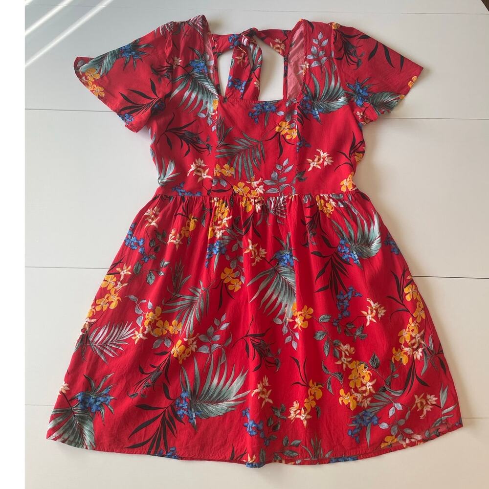 Band of Gypsies Floral Mini Dress Sz M Pockets Short Sleeves Tie Back Red - Picture 9 of 12